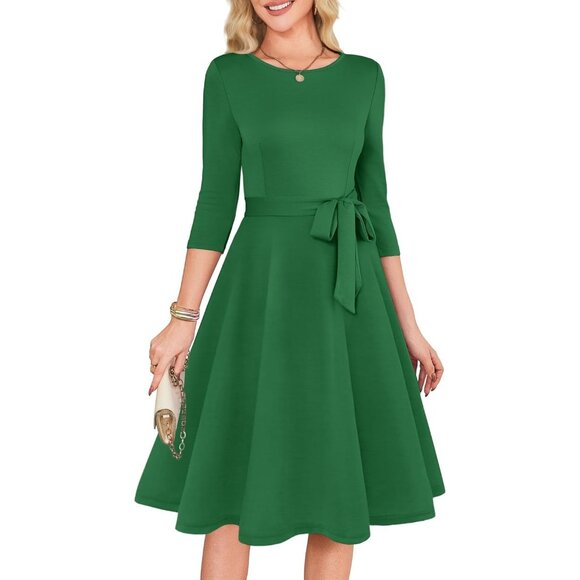 Women's Green 3/4 Sleeve Vintage Flattering A-line Vintage Cocktail Dresses - Picture 1 of 5
